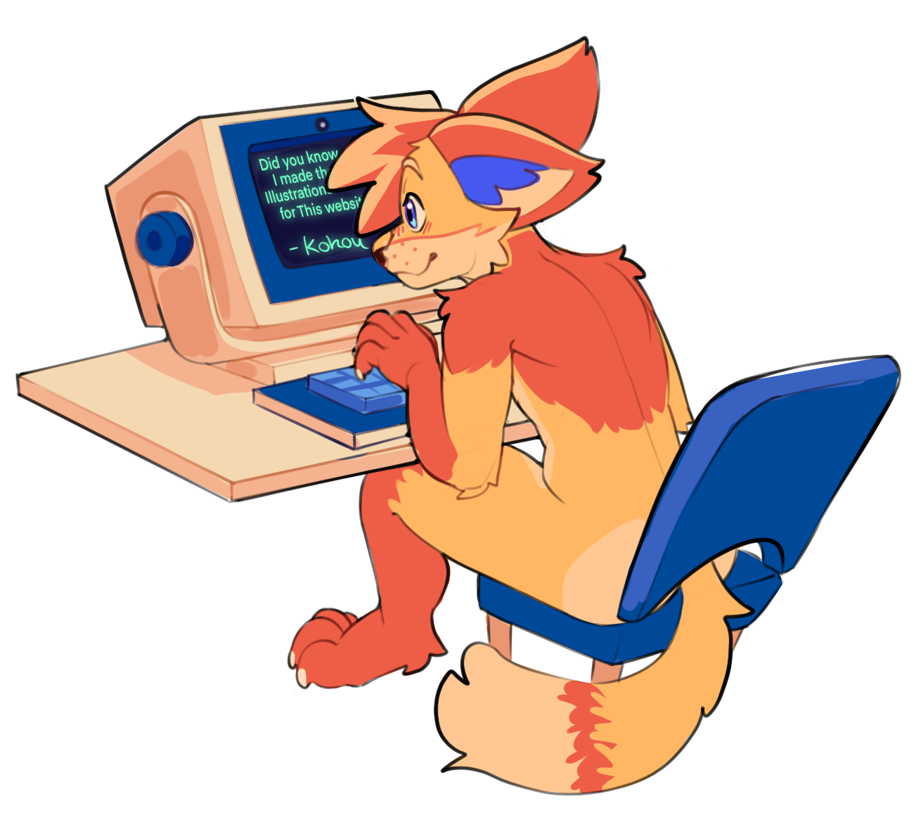 A furry character working hard on a computer